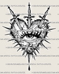 Heart and eye tattoo stencil with three swords, spiked rays and drip base, black line emblem on white background.
