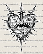 Heart and eye tattoo stencil with three swords, spiked rays and drip base, black line emblem on white background.