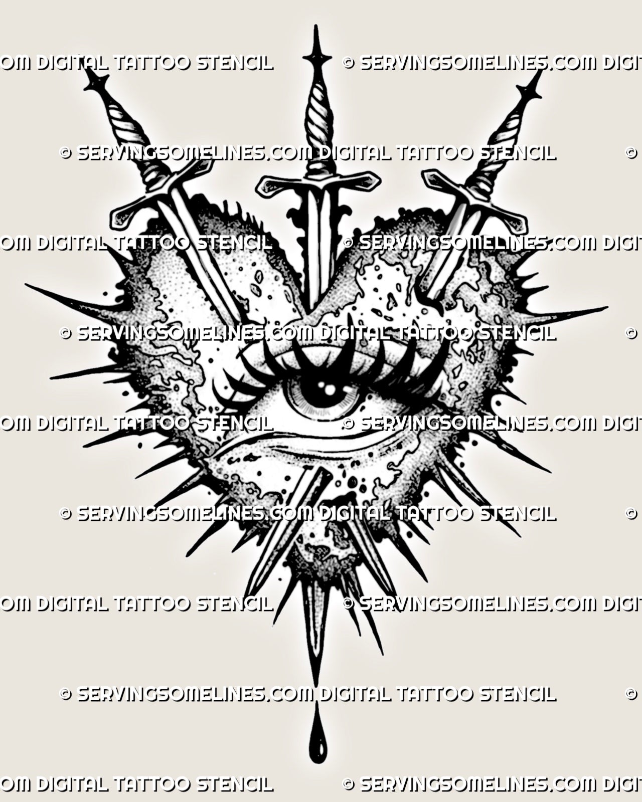 Heart and eye tattoo stencil with three swords, spiked rays and drip base, black line emblem on white background.