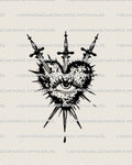 Heart and eye tattoo stencil with three swords, spiked rays and drip base, black line emblem on white background.
