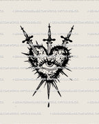 Heart and eye tattoo stencil with three swords, spiked rays and drip base, black line emblem on white background.