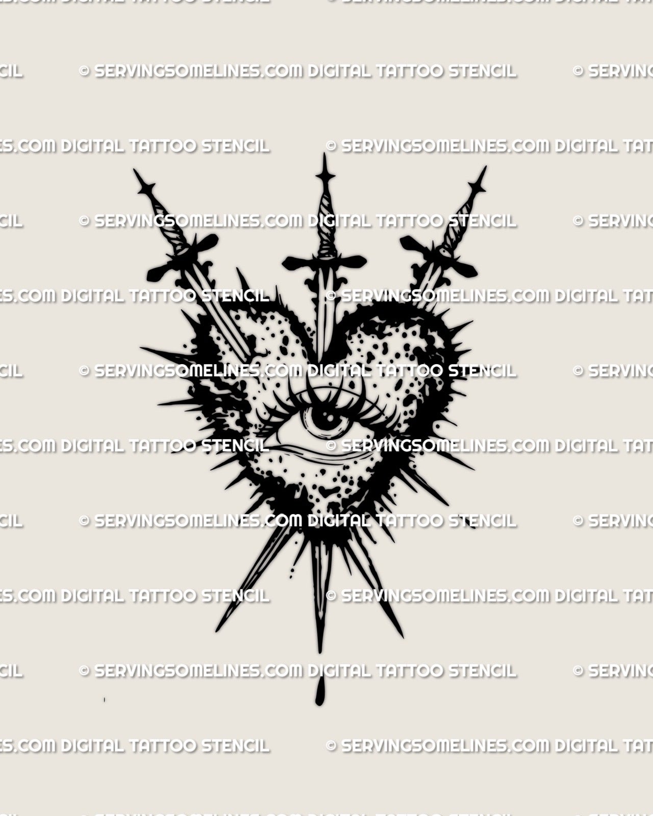 Heart and eye tattoo stencil with three swords, spiked rays and drip base, black line emblem on white background.