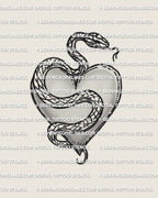 Heart and snake tattoo stencil, coiled snake wraps a smooth heart outline, clean black linework, printable placement for forearm or chest.