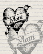Heart banner tattoo stencil featuring “Mom” lettering across a bold heart, smooth ribbon folds and clean dot texture, high contrast design for tattoo transfer.