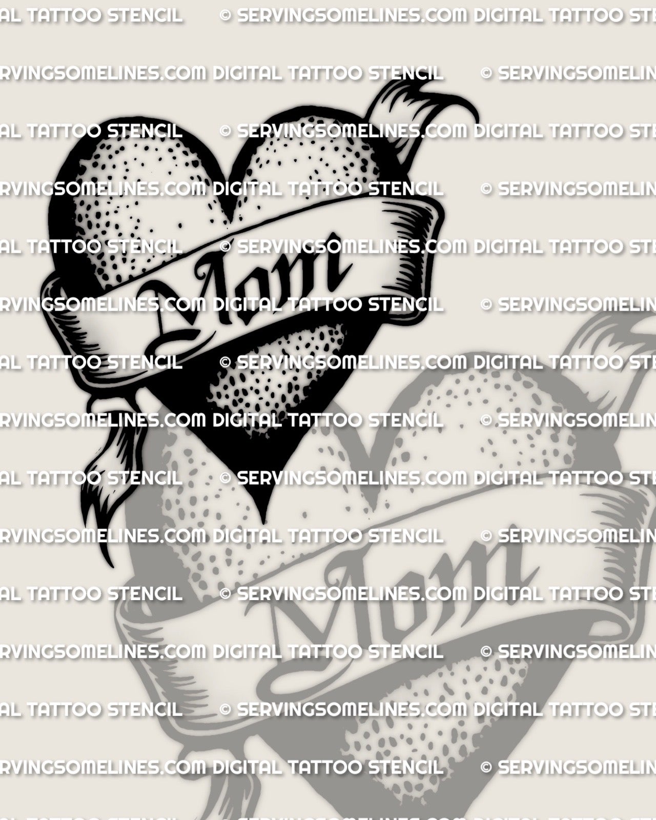 Heart banner tattoo stencil featuring “Mom” lettering across a bold heart, smooth ribbon folds and clean dot texture, high contrast design for tattoo transfer.