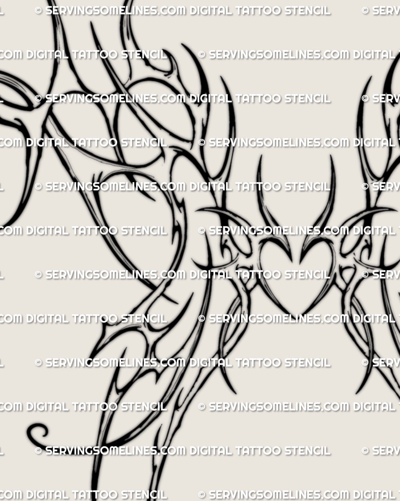Close detail of heart center wings tattoo stencil showing curved outlined forms and neotribal-style wing flow