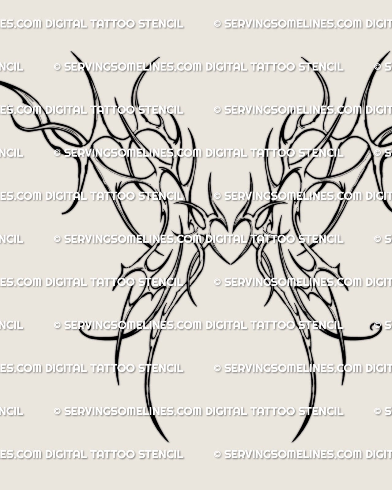 Heart center wings tattoo stencil design with a small heart-shaped center and symmetrical upper back wing framing