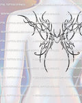 Heart center wings upper back tattoo stencil shown on upper back placement with outlined ornamental wings and a centered layout