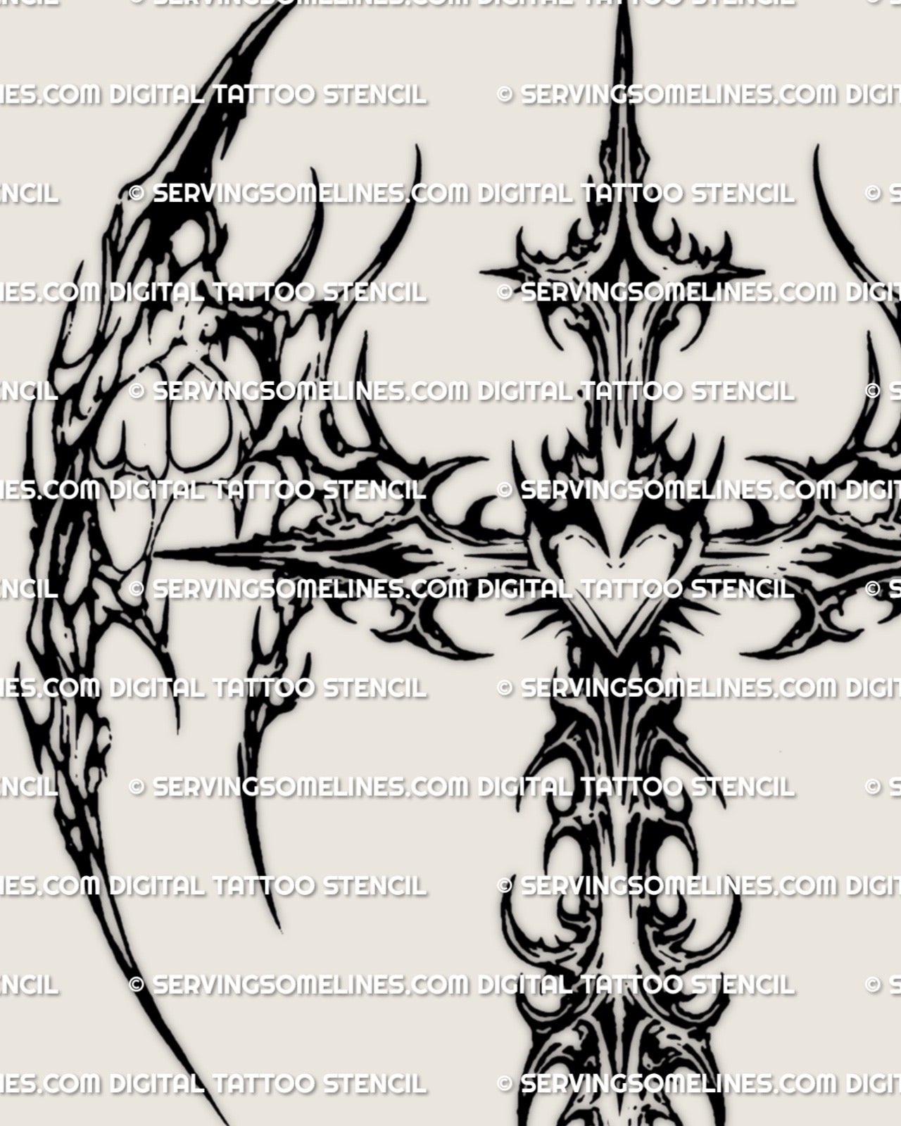 Heart-centered winged cross tattoo stencil in gothic neotribal style, clean linework for stencil transfer