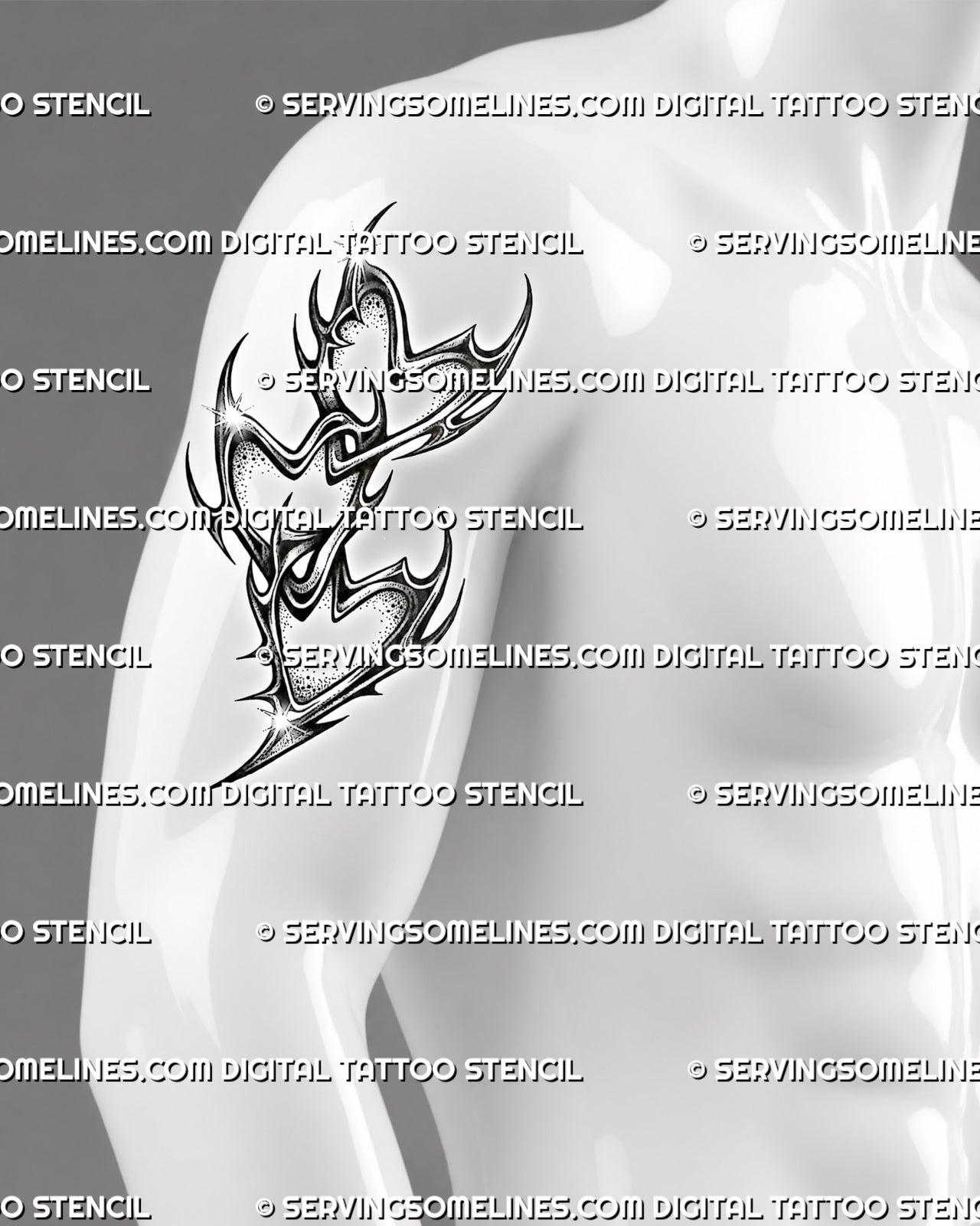 Cyber tribal heart chain tattoo shown on men’s upper arm with linked heart shapes and sharp neotribal points