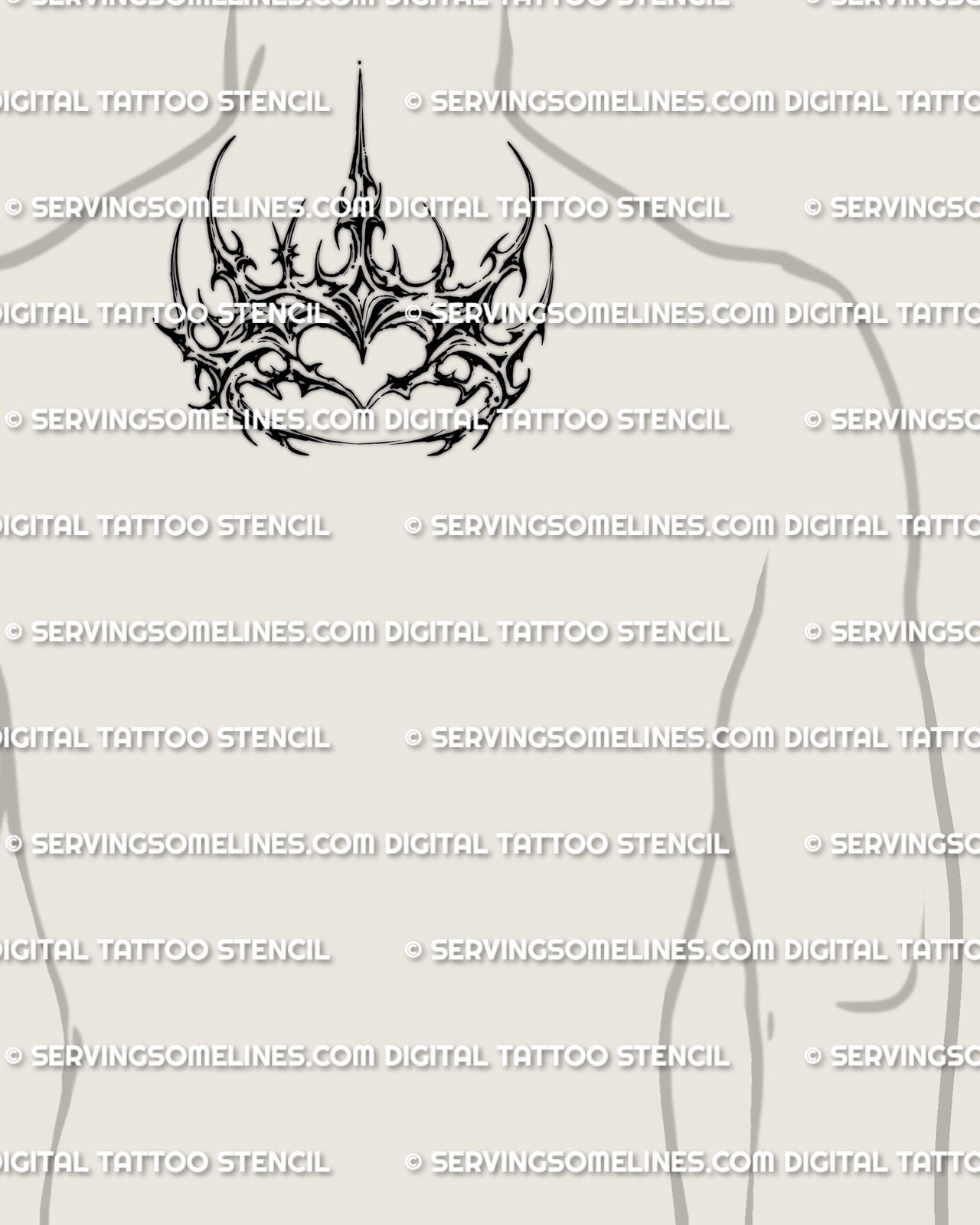 Heart crown tattoo stencil displayed on back of neck placement, cybersigil crown frame with heart center.