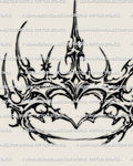 Heart crown tattoo stencil with cybersigilism crown frame and clear heart center, black linework digital file.