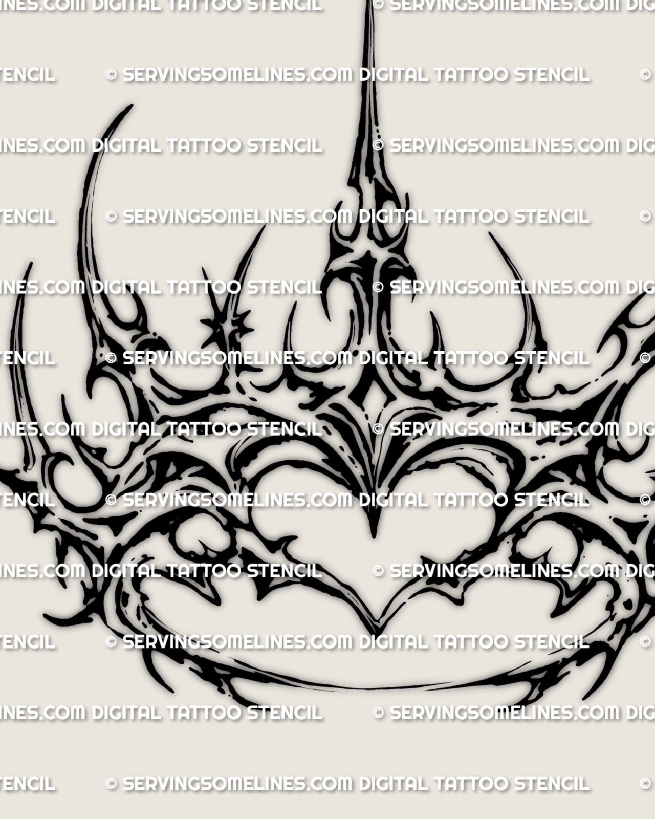 Heart crown tattoo stencil with cybersigilism crown frame and clear heart center, black linework digital file.