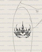Crown with heart tattoo stencil shown on thigh placement, spiked crown frame around a clear heart center.