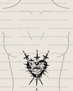 Heart and eye emblem shown on womens stomach placement, three swords frame and spiked rays around heart.