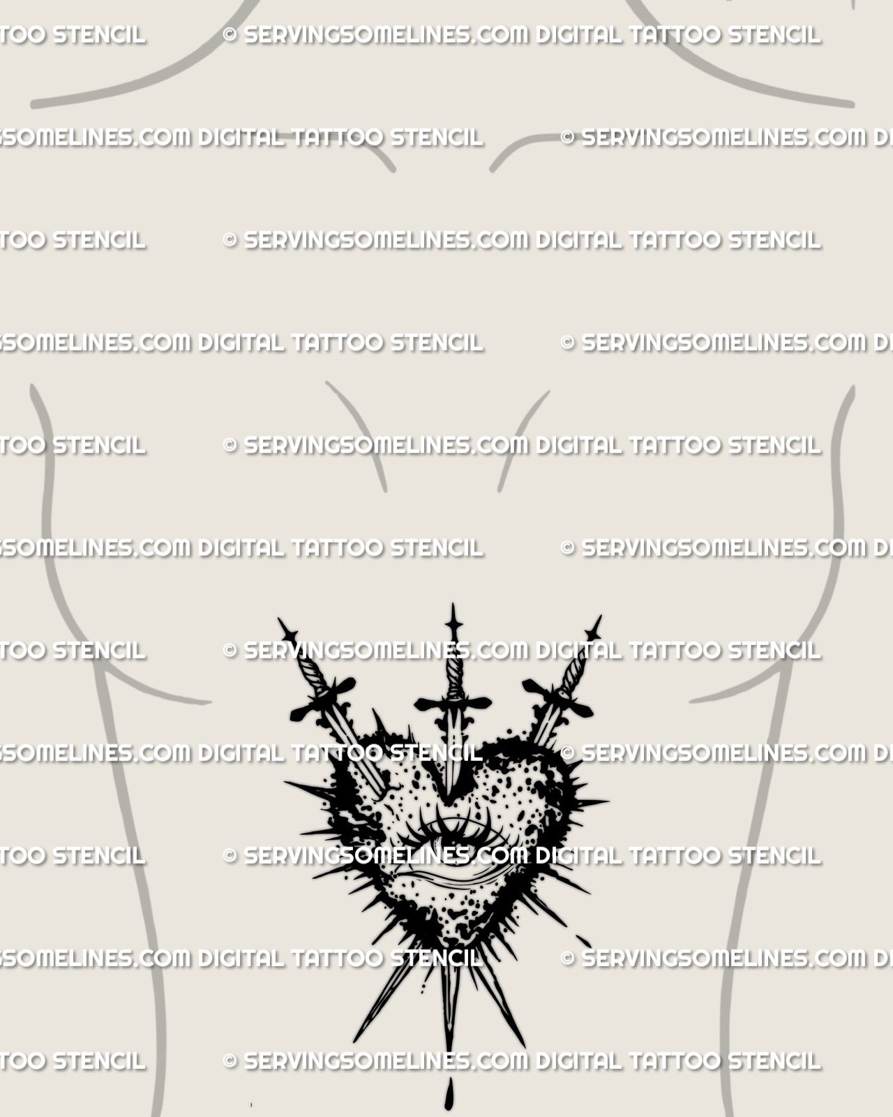Heart and eye emblem shown on womens stomach placement, three swords frame and spiked rays around heart.