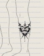 Heart tattoo stencil shown on lower leg placement, centered eye inside heart and three swords with drip finish.