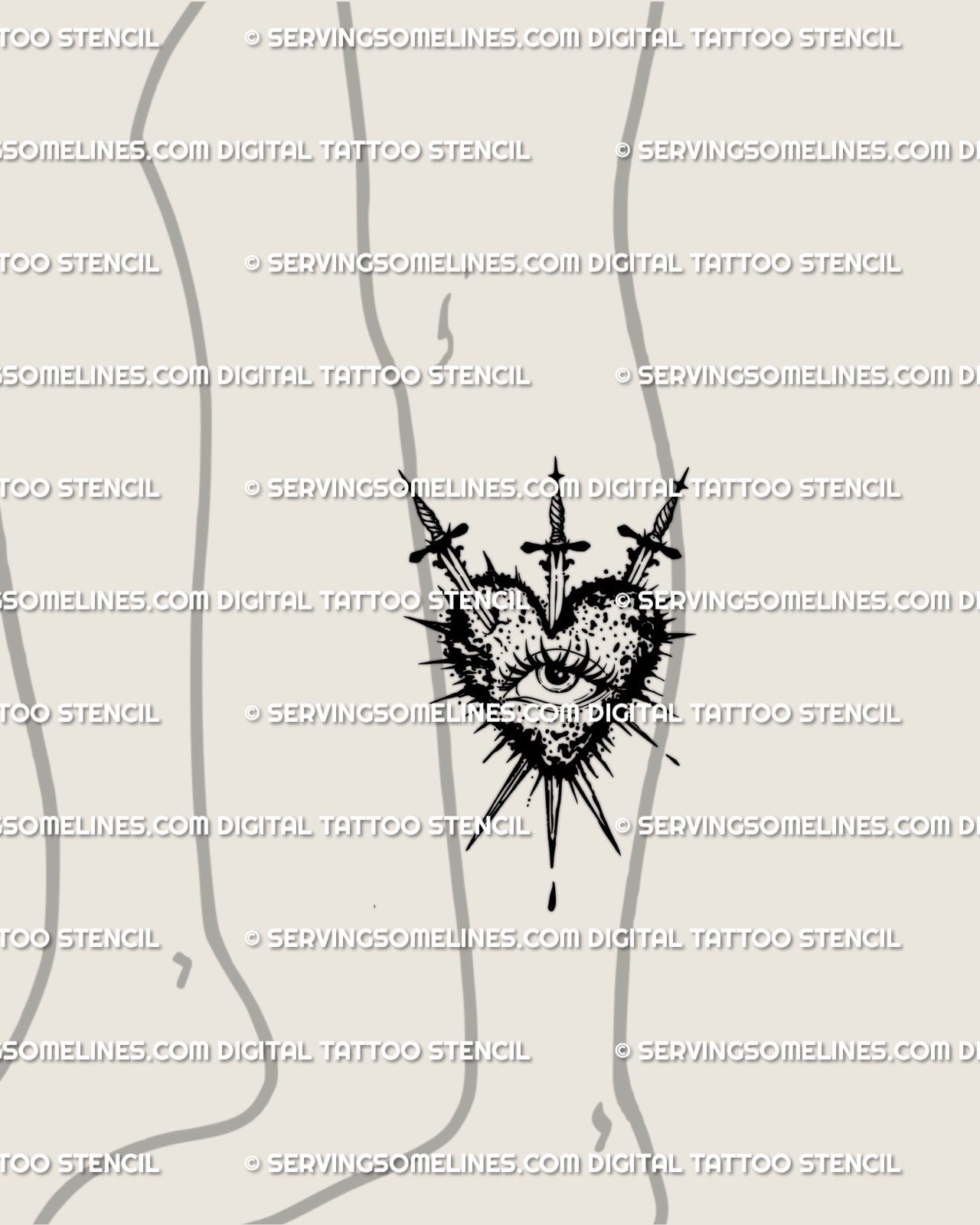 Heart tattoo stencil shown on lower leg placement, centered eye inside heart and three swords with drip finish.