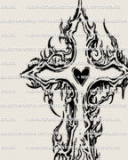 Heart centered flame cross tattoo stencil, ornamental spiked cross with cybertribal flame edges, dark blackwork symbol for arms or chest