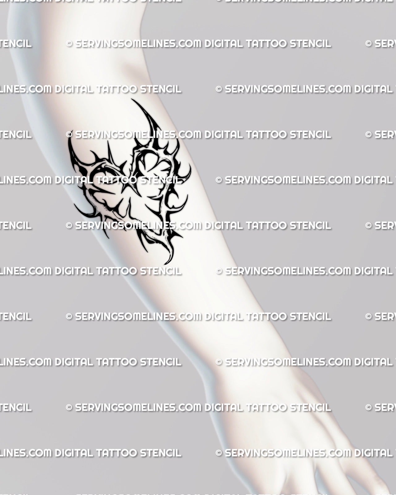 Armored spiky displayed on forearm placement, high contrast outline, open center heart shape