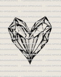 Heart gem tattoo stencil with faceted crystal heart outline, sharp geometric cuts, clean black linework, printable stencil file.
