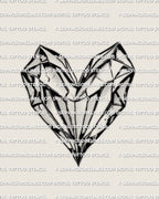 Heart gem tattoo stencil with faceted crystal heart outline, sharp geometric cuts, clean black linework, printable stencil file.
