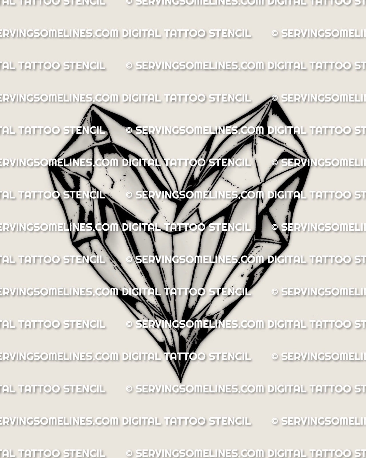 Heart gem tattoo stencil with faceted crystal heart outline, sharp geometric cuts, clean black linework, printable stencil file.