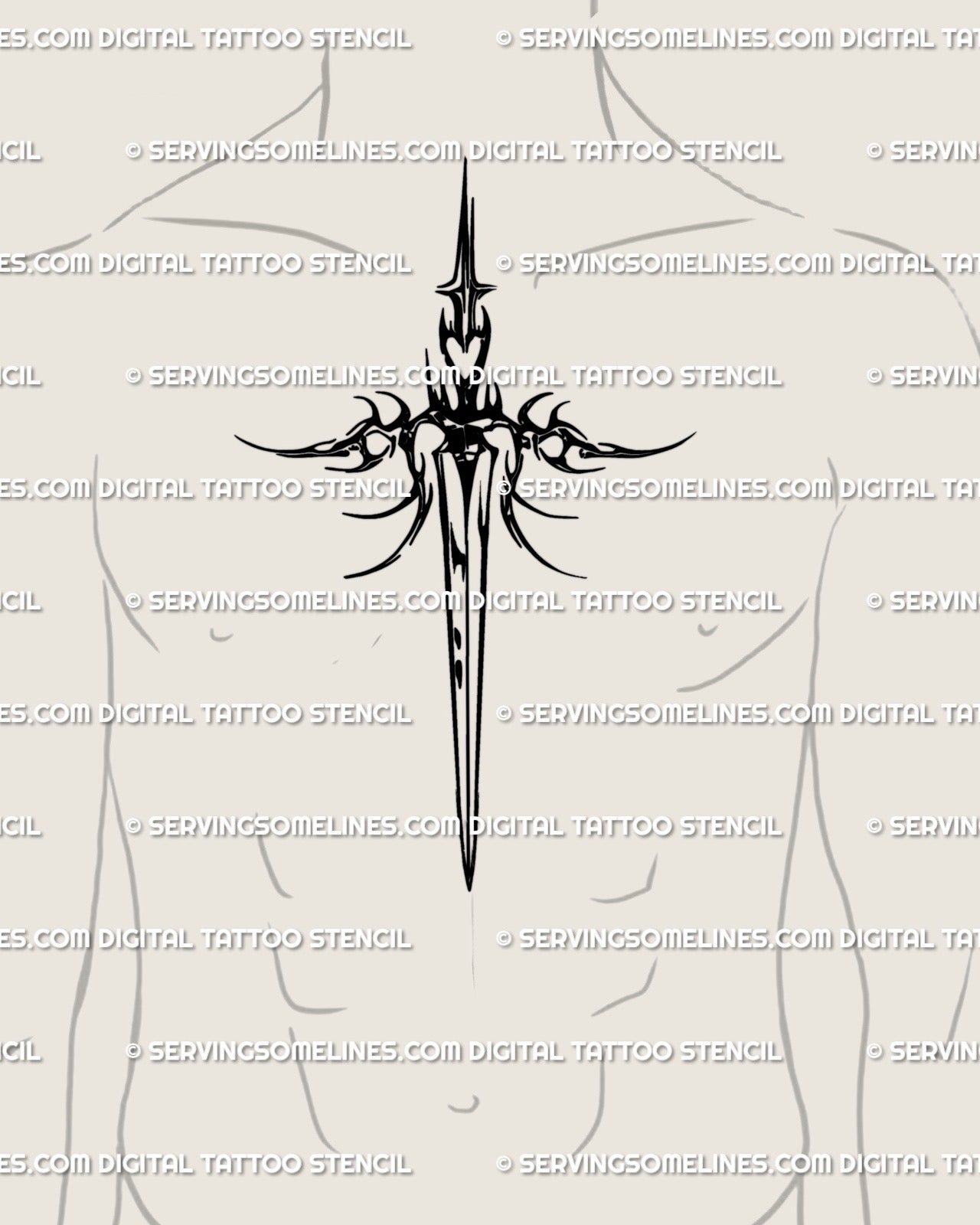Men’s chest center sword tattoo stencil with heart hilt detail, bold blackwork look, printable download files.