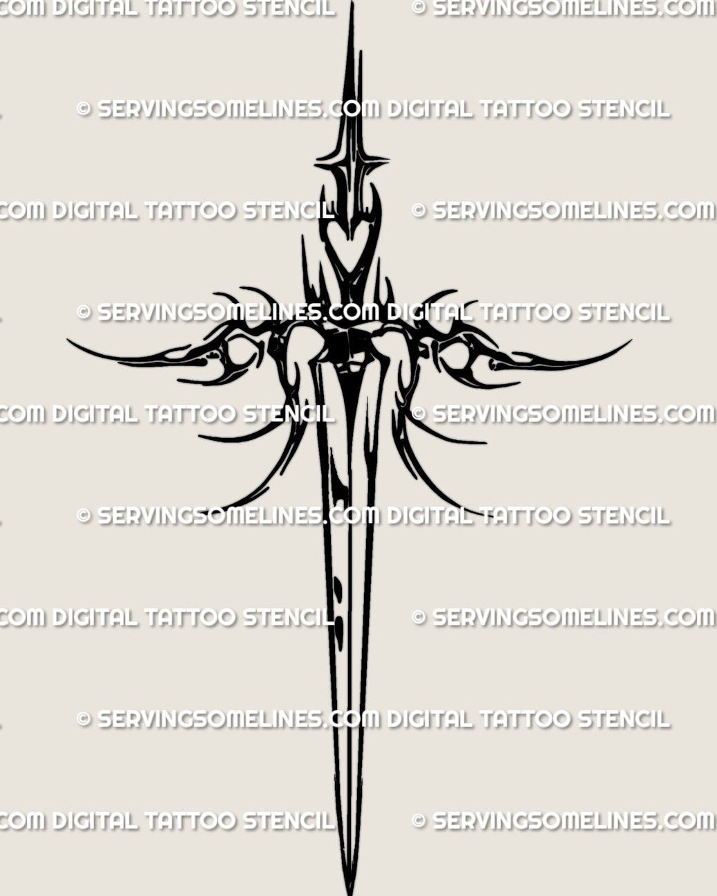 Heart hilt sword tattoo stencil, blackwork long sword download, PNG JPEG PDF included. 
