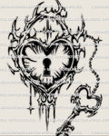 Cybersigilism heart lock tattoo stencil with key charm, keyhole center, cyber tribal frame, design only