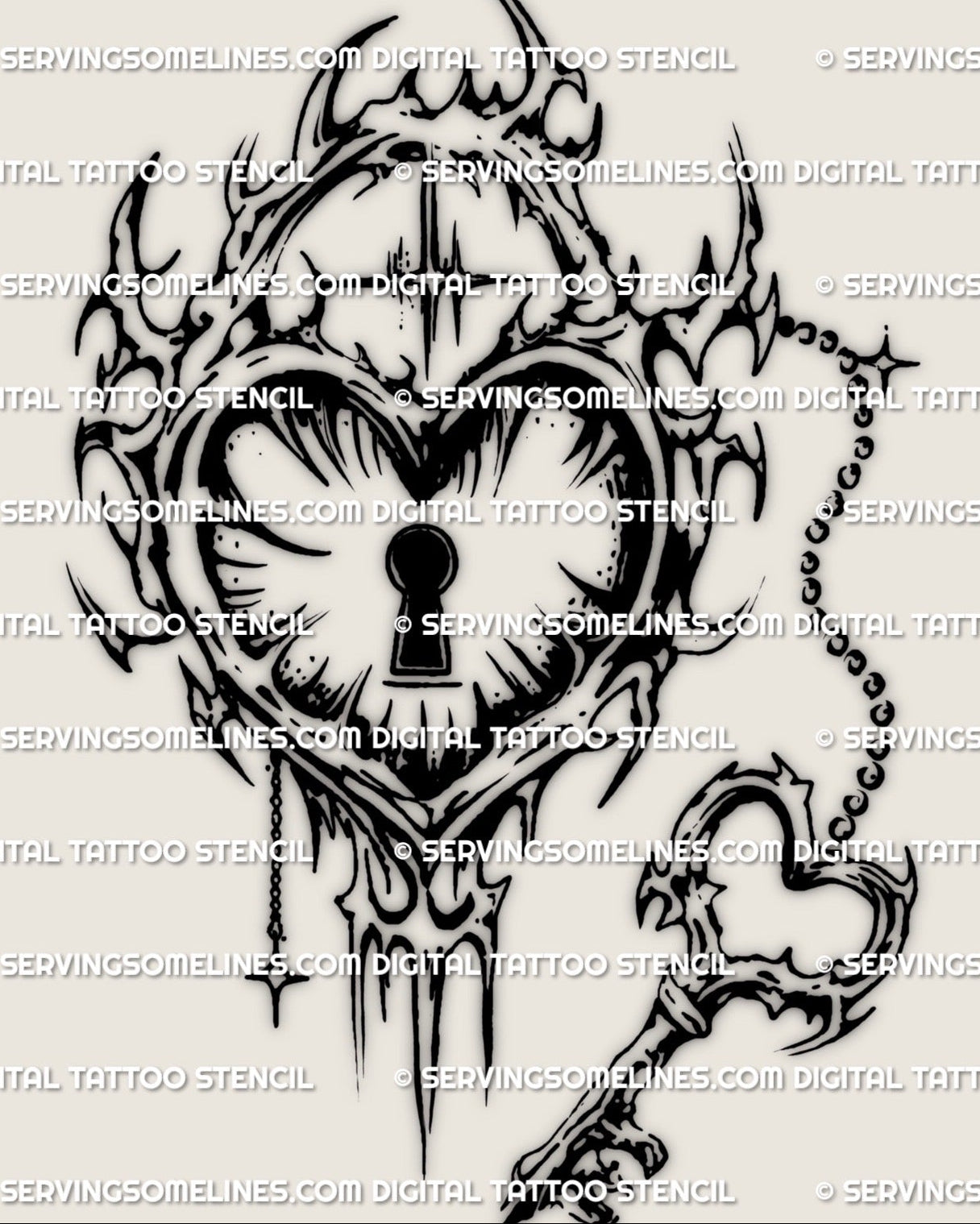 Cybersigilism heart lock tattoo stencil with key charm, keyhole center, cyber tribal frame, design only