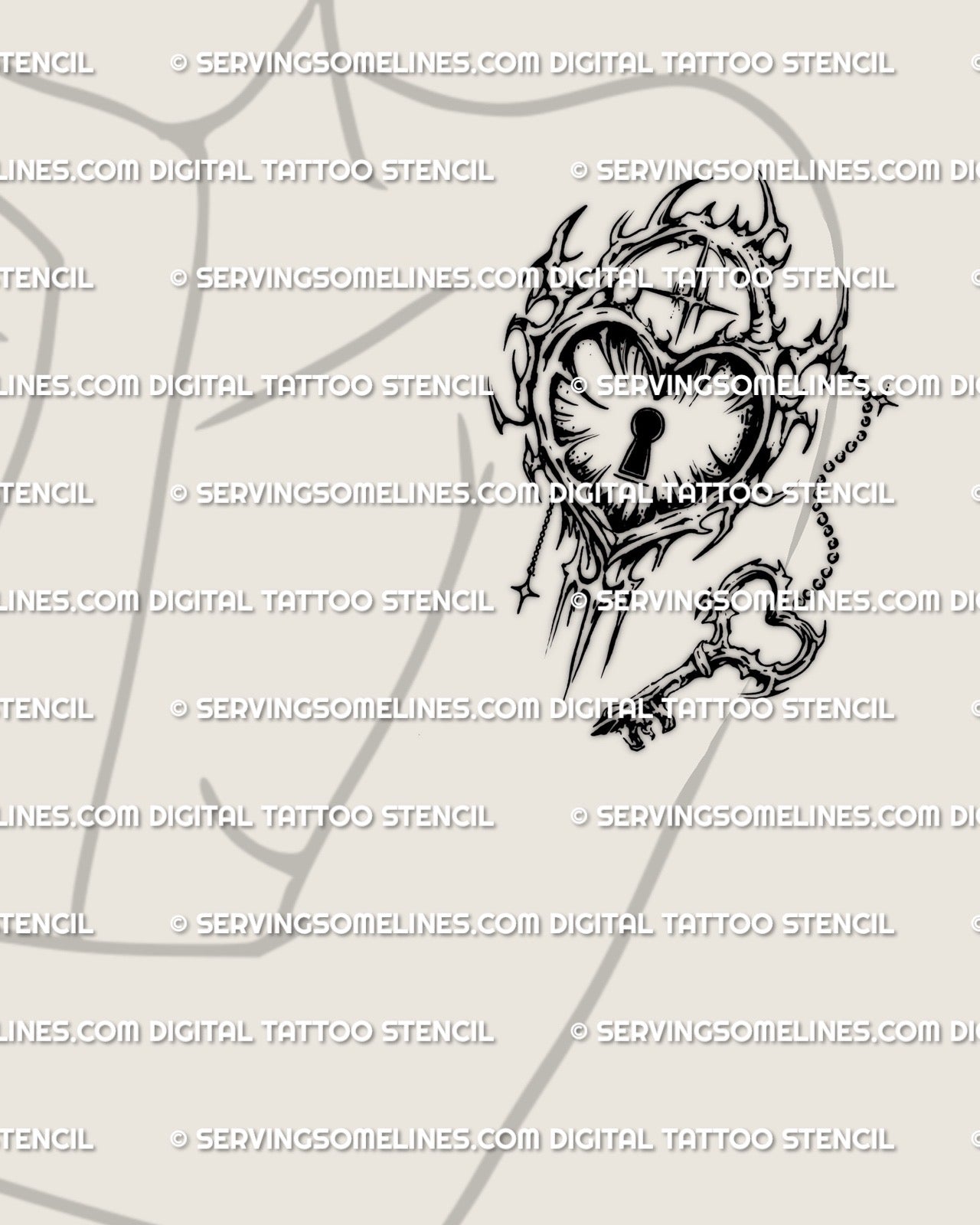 Cybersigilism heart lock tattoo stencil, displayed on feminine upper arm placement, spiked cyber tribal border, dangling key charm.