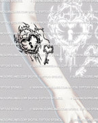 Heart lock tattoo stencil with dangling heart key charm, shown on forearm placement, cyber tribal linework, keyhole detail. 