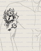Heart lock tattoo stencil with heart key charm, displayed on mens bicep placement, cybersigilism edge, bold outline. 