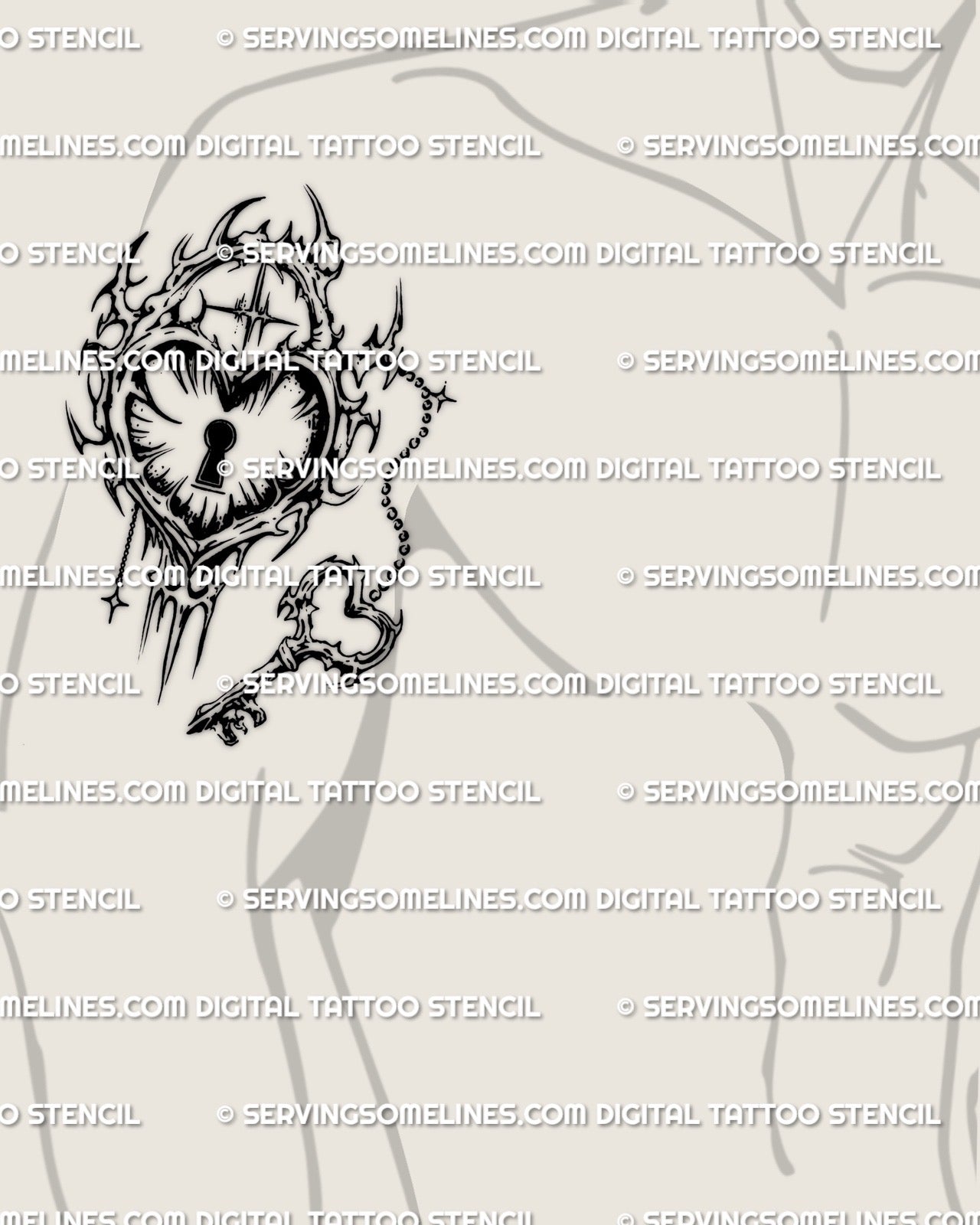 Heart lock tattoo stencil with heart key charm, displayed on mens bicep placement, cybersigilism edge, bold outline. 