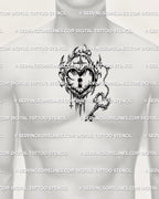 Dark heart shaped lock stencil with key charm, displayed on mens chest center placement, cyber tribal edges, keyhole focal point.