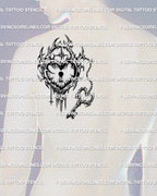 Heart lock and key charm tattoo stencil, shown on mens shoulder placement, cyber tribal linework, clean negative space.