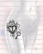 Heart lock tattoo design with heart key charm on chain, shown on womens hip placement, cybersigilism frame, black linework.