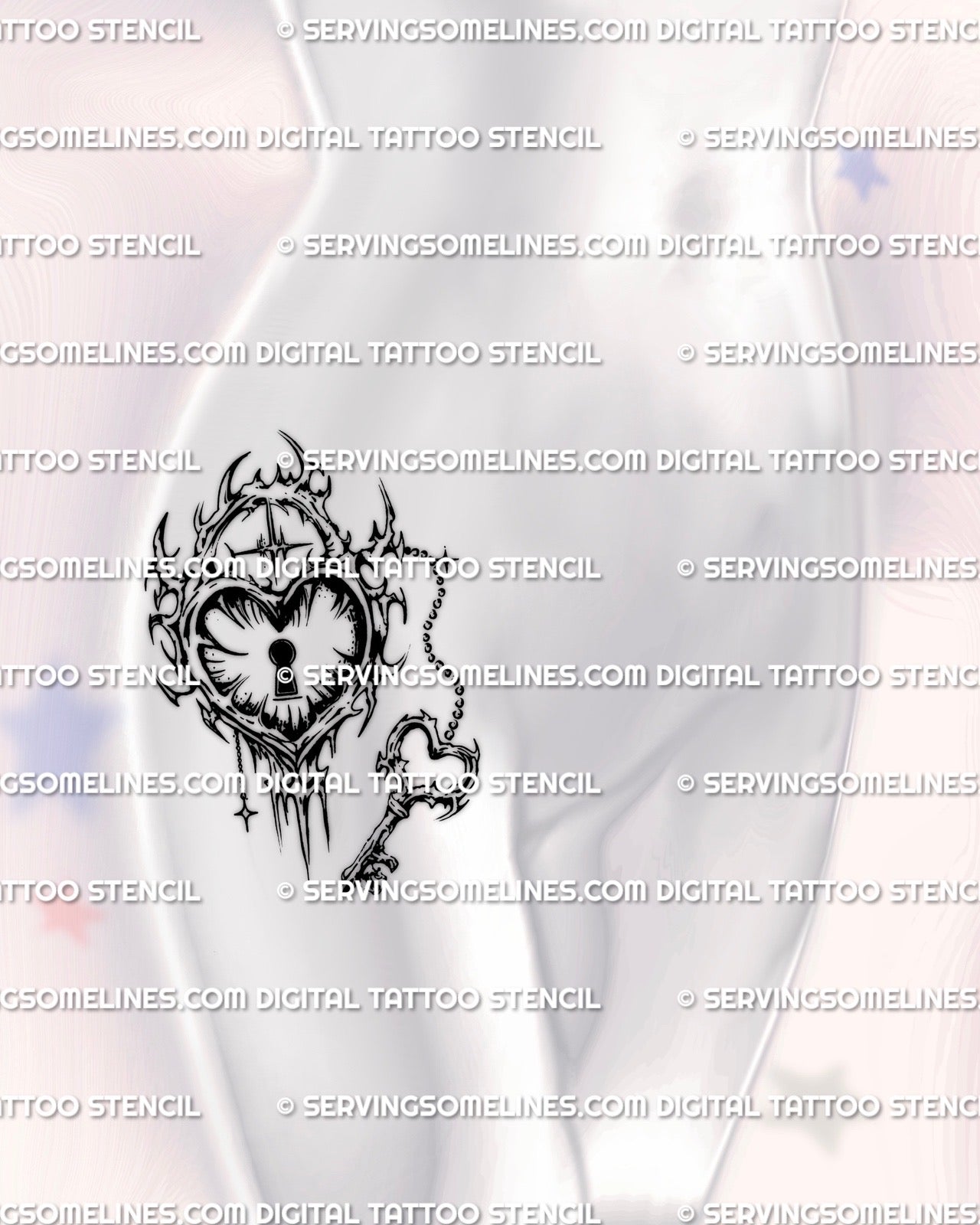 Heart lock tattoo design with heart key charm on chain, shown on womens hip placement, cybersigilism frame, black linework.