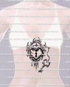 Heart lock tattoo stencil with dangling key charm, shown on womens sternum center placement, cyber tribal frame, keyhole.