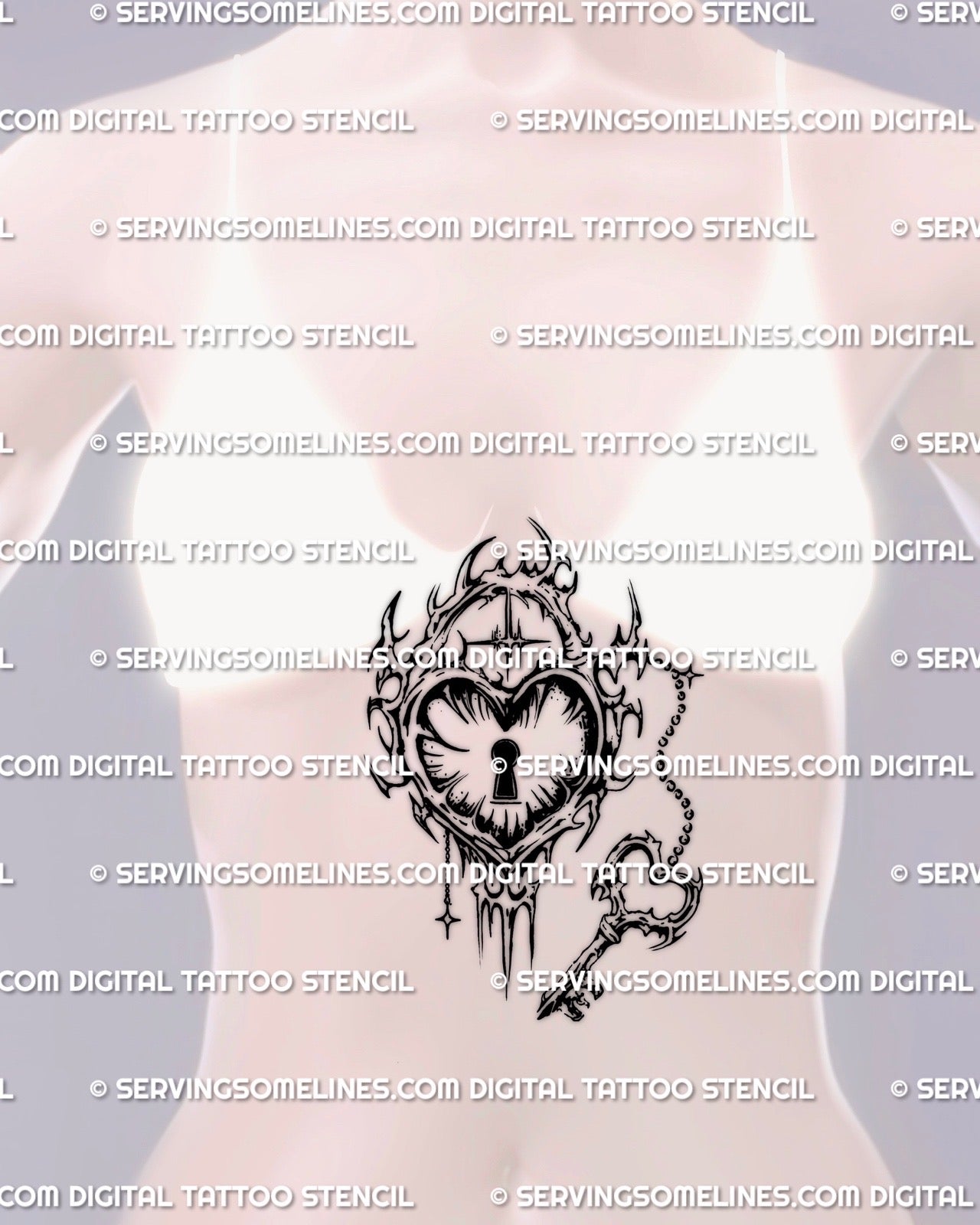 Heart lock tattoo stencil with dangling key charm, shown on womens sternum center placement, cyber tribal frame, keyhole.