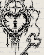 Close-up of heart lock tattoo stencil showing keyhole, chain charm, and cyber tribal spikes for crisp transfer.
