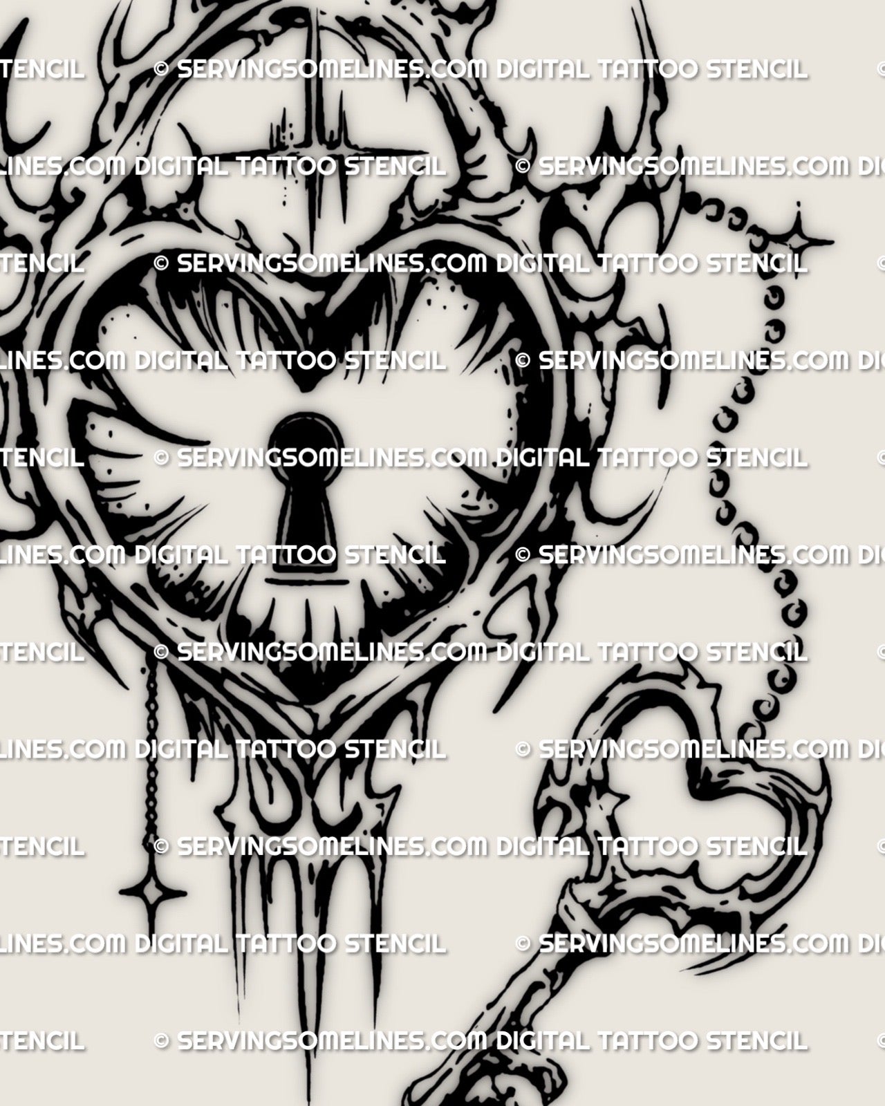 Close-up of heart lock tattoo stencil showing keyhole, chain charm, and cyber tribal spikes for crisp transfer.