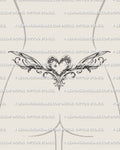 Heart lower back tattoo shown on lower waist placement, with a central heart, soft side extensions, and decorative detail.