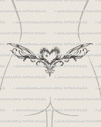 Heart lower back tattoo shown on lower waist placement, with a central heart, soft side extensions, and decorative detail.