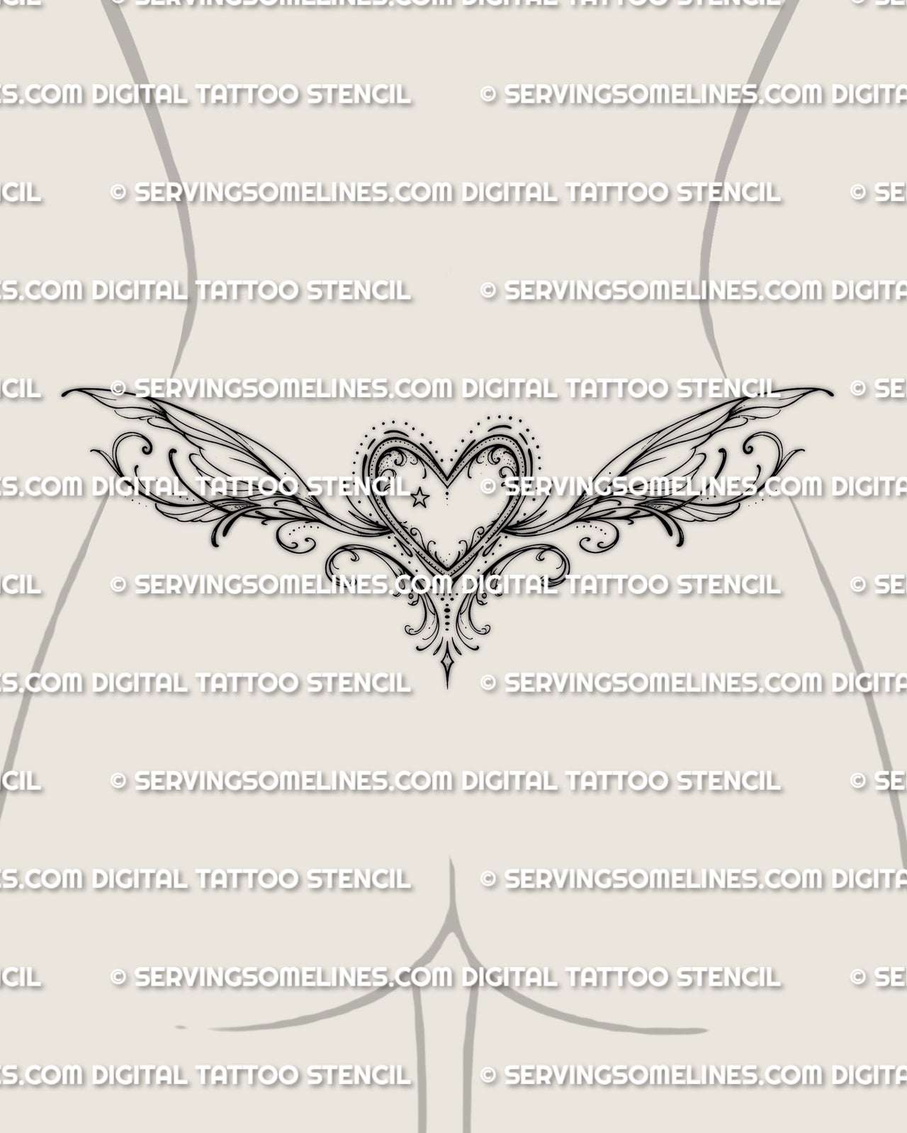 Heart lower back tattoo shown on lower waist placement, with a central heart, soft side extensions, and decorative detail.