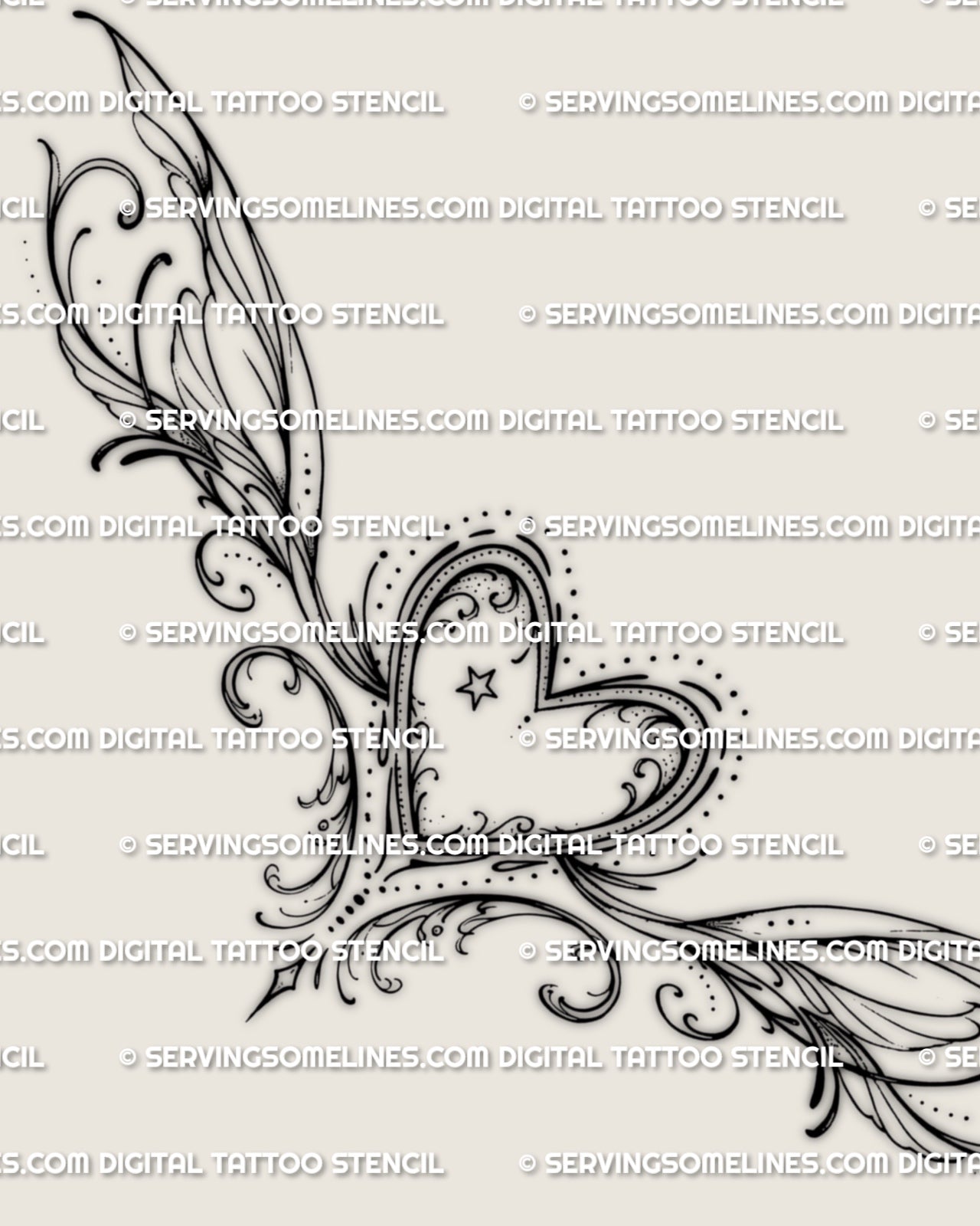 Main design view of a heart lower back tattoo stencil, with a central heart and balanced decorative side movement.
