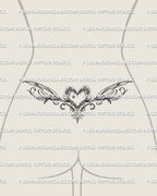 Heart lower back tattoo shown as a tramp stamp placement, with a centered heart and elegant spread across the waist.