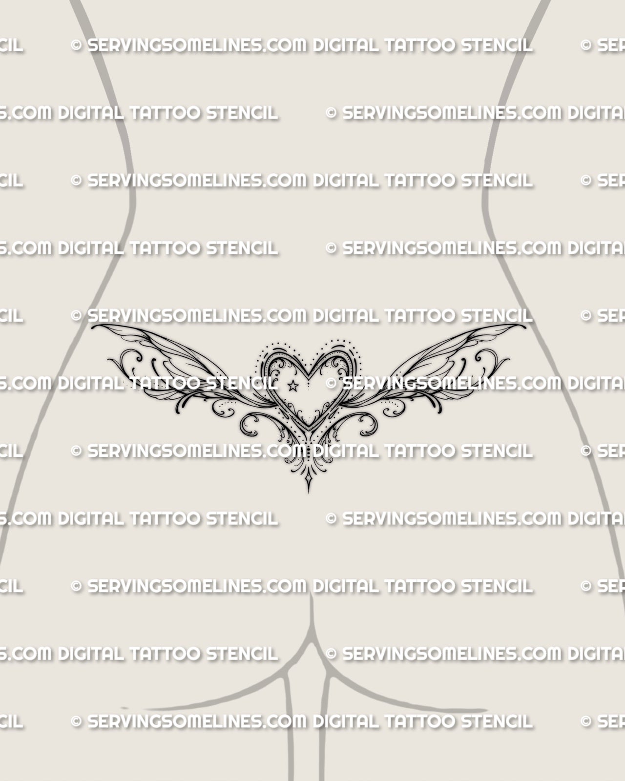 Heart lower back tattoo shown as a tramp stamp placement, with a centered heart and elegant spread across the waist.