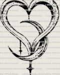 Heart moon tattoo stencil design, crescent loop heart with inner moon arc, bead charm drop and pointed pendant, high contrast lines.